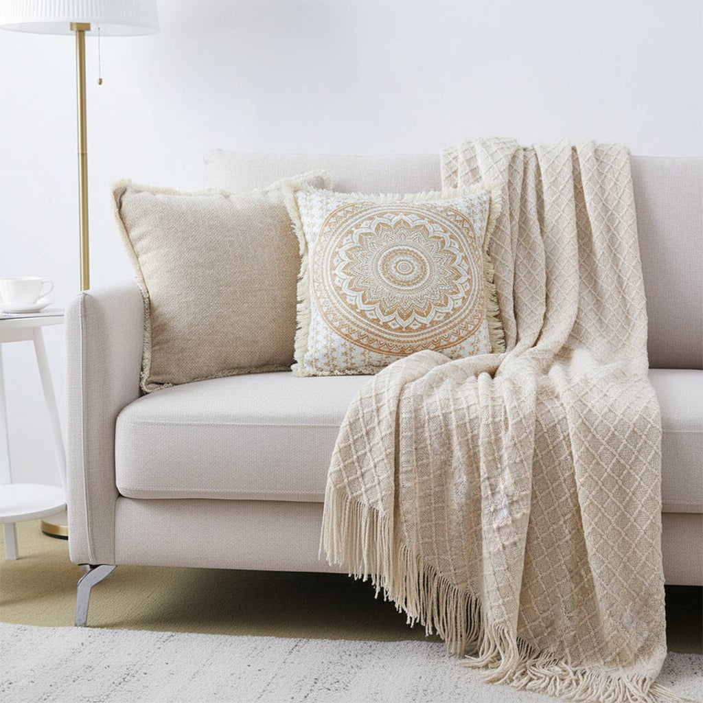 SOGA Home & Living Bundle – Chenille Tassel Pillow, Moon Cotton Pillow & Knitted Blanket-1
