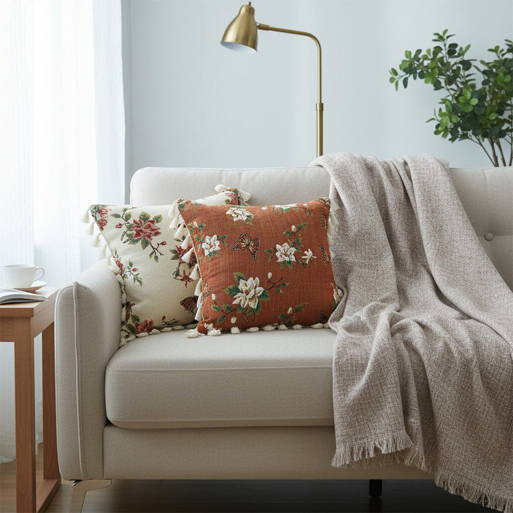 SOGA Home & Living Bundle – French Vintage Butterfly Tassel Pillows & Misty Beige Blanket-1