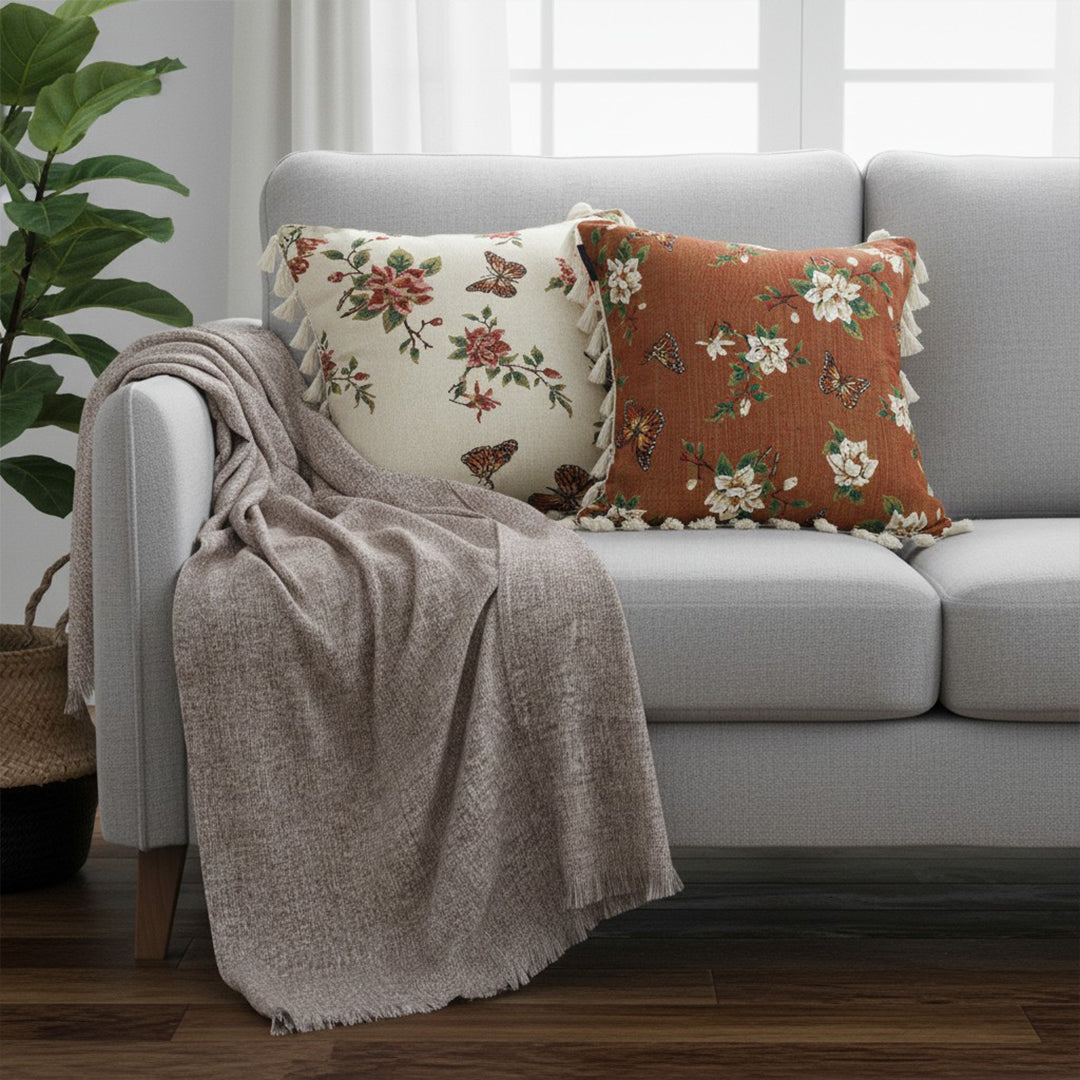 SOGA Home & Living Bundle – French Vintage Butterfly Tassel Pillows & Misty Beige Blanket-2