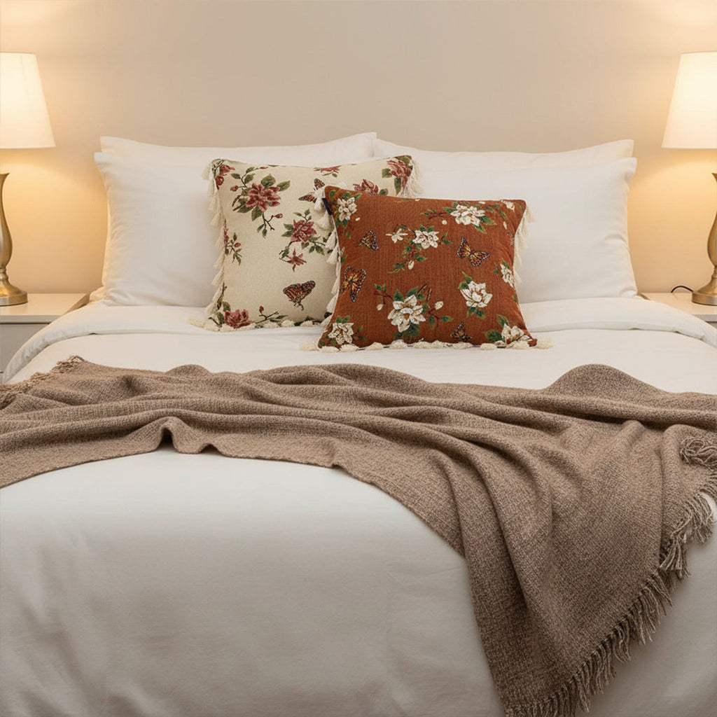 SOGA Home & Living Bundle – French Vintage Butterfly Tassel Pillows & Misty Beige Blanket-3