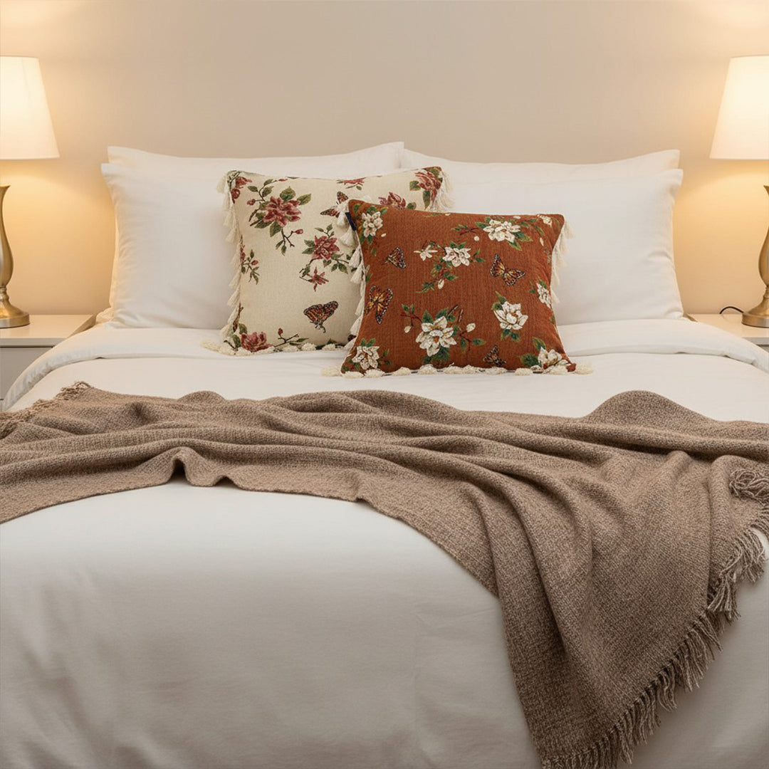 SOGA Home & Living Bundle – French Vintage Butterfly Tassel Pillows & Misty Beige Blanket-3