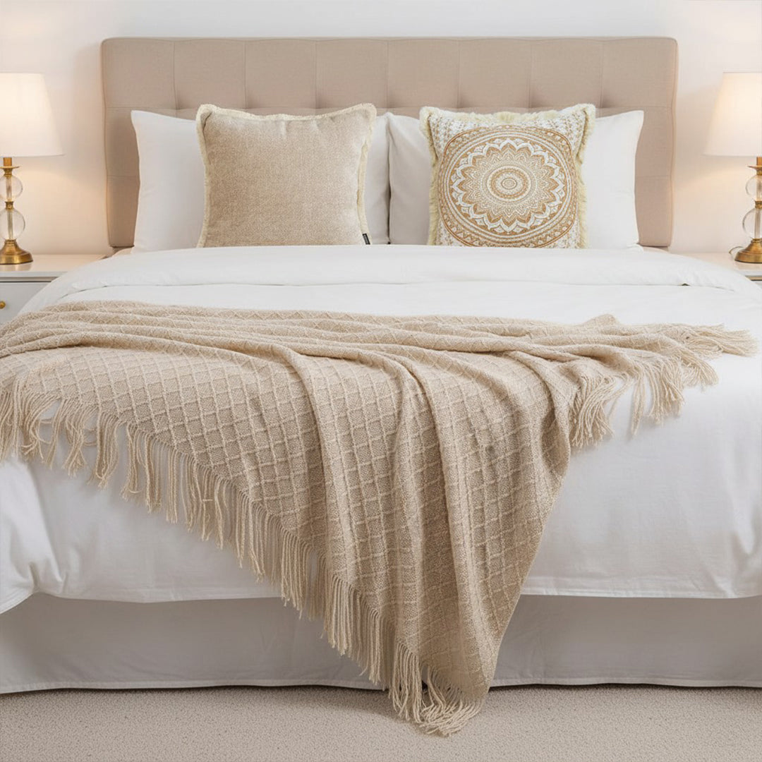 SOGA Home & Living Bundle – Chenille Tassel Pillow, Moon Cotton Pillow & Knitted Blanket-3