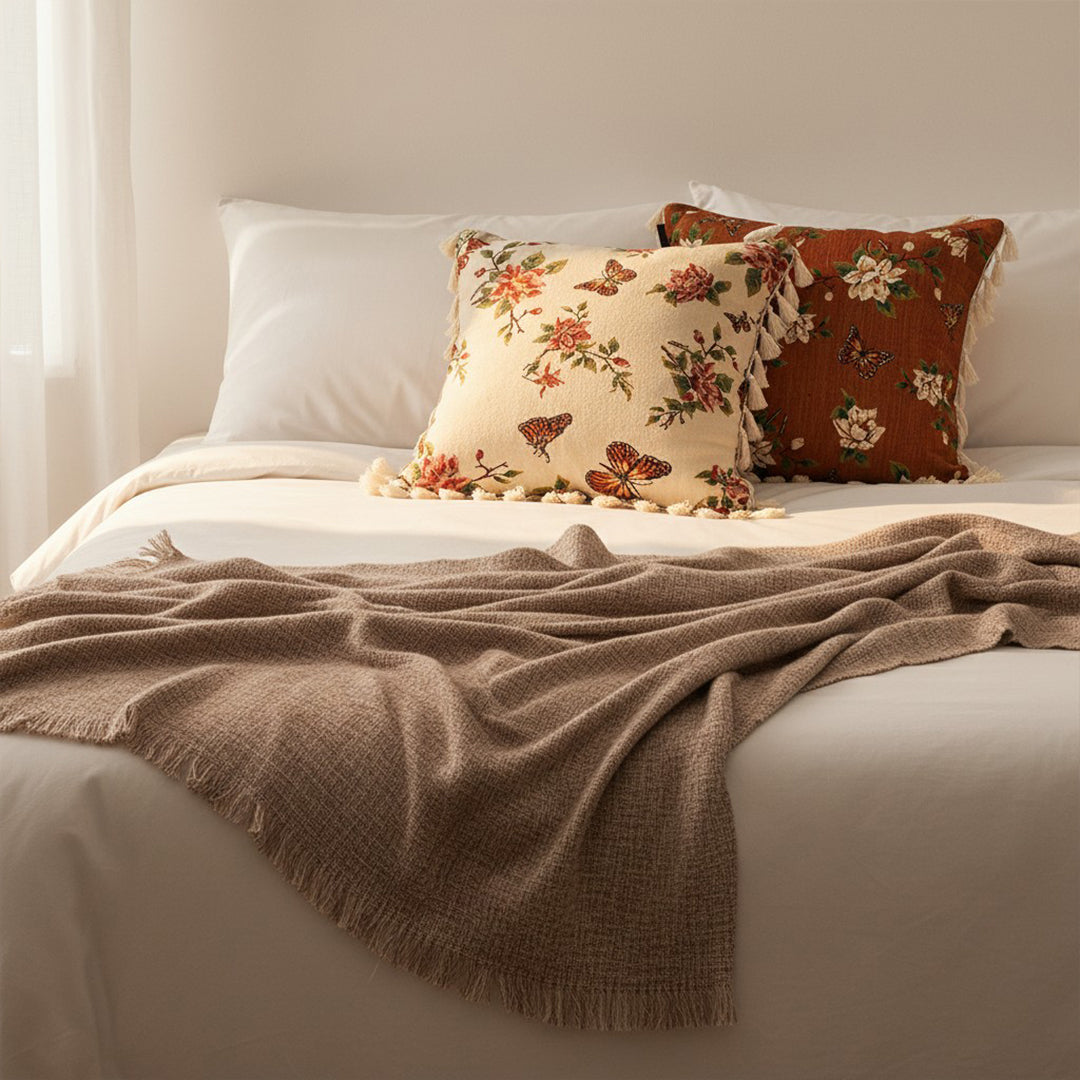 SOGA Home & Living Bundle – French Vintage Butterfly Tassel Pillows & Misty Beige Blanket-4