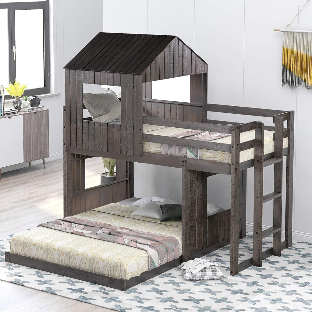 House Bunk Beds Twin Over Full Wood Distressed Grey-2