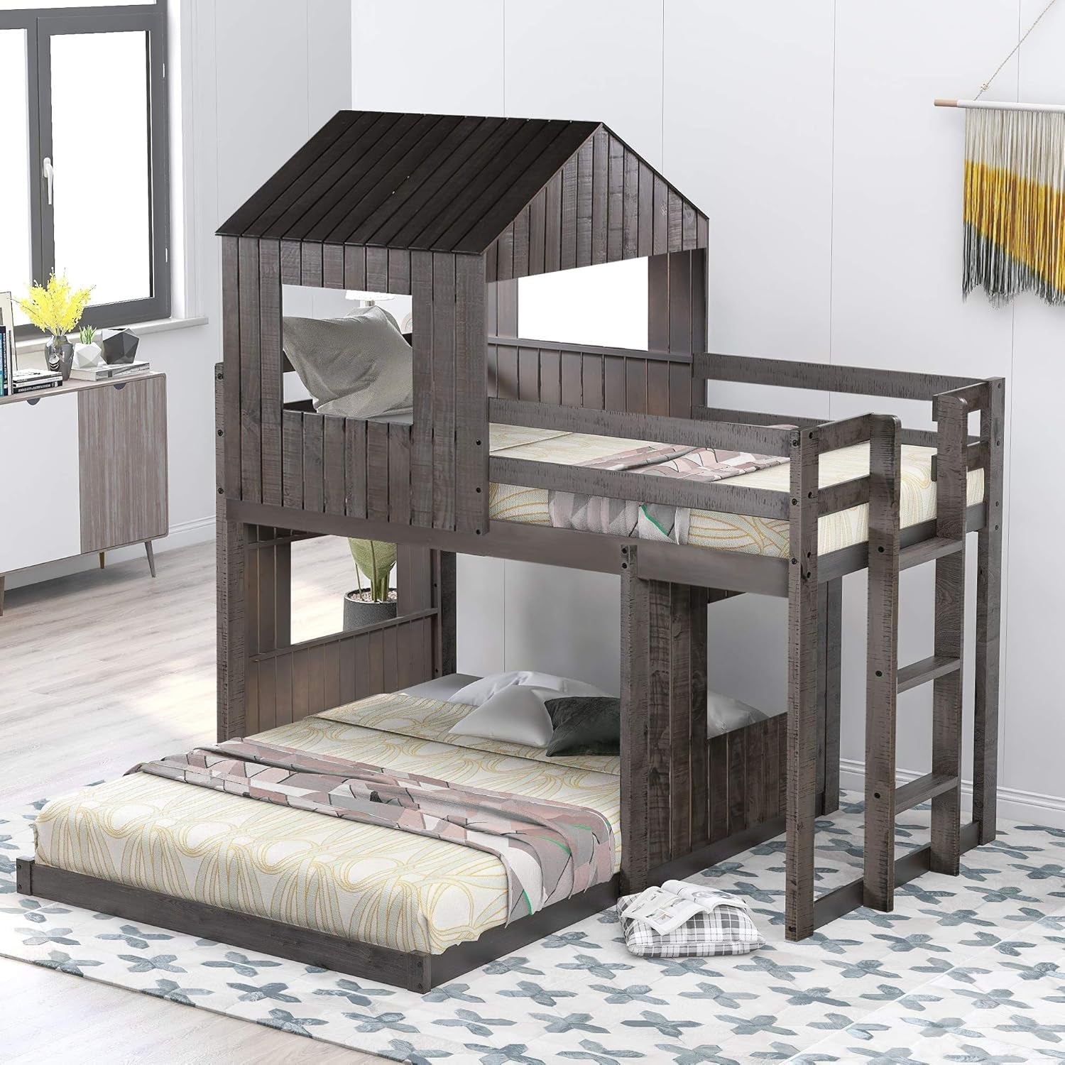 House Bunk Beds Twin Over Full Wood Distressed Grey-2