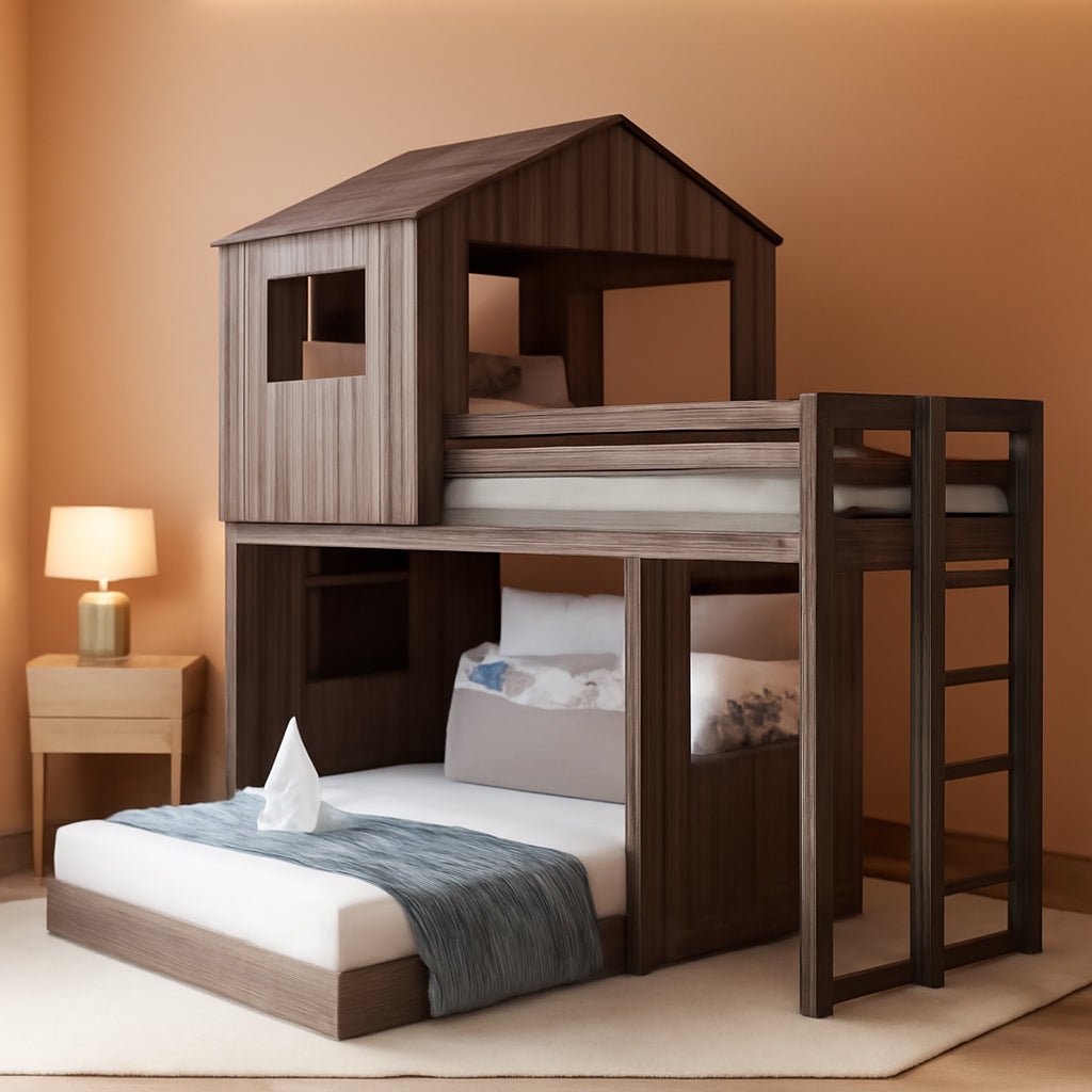 House Bunk Beds Twin Over Full Wood Distressed Grey-0