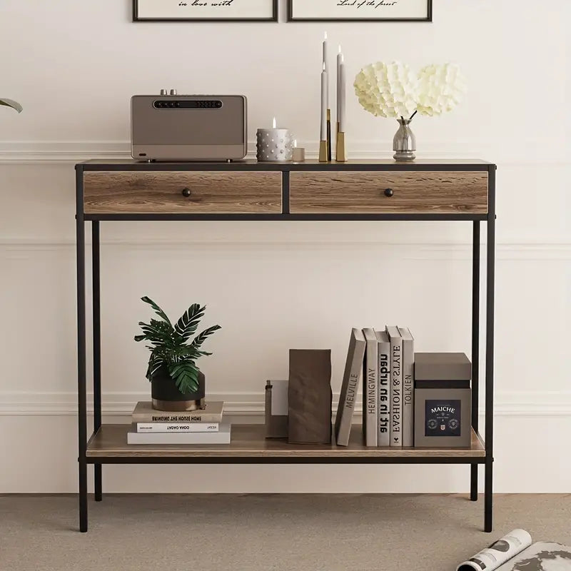 Brown Rectangular Living Room Entryway Table with Shelf and Two Drawers-2