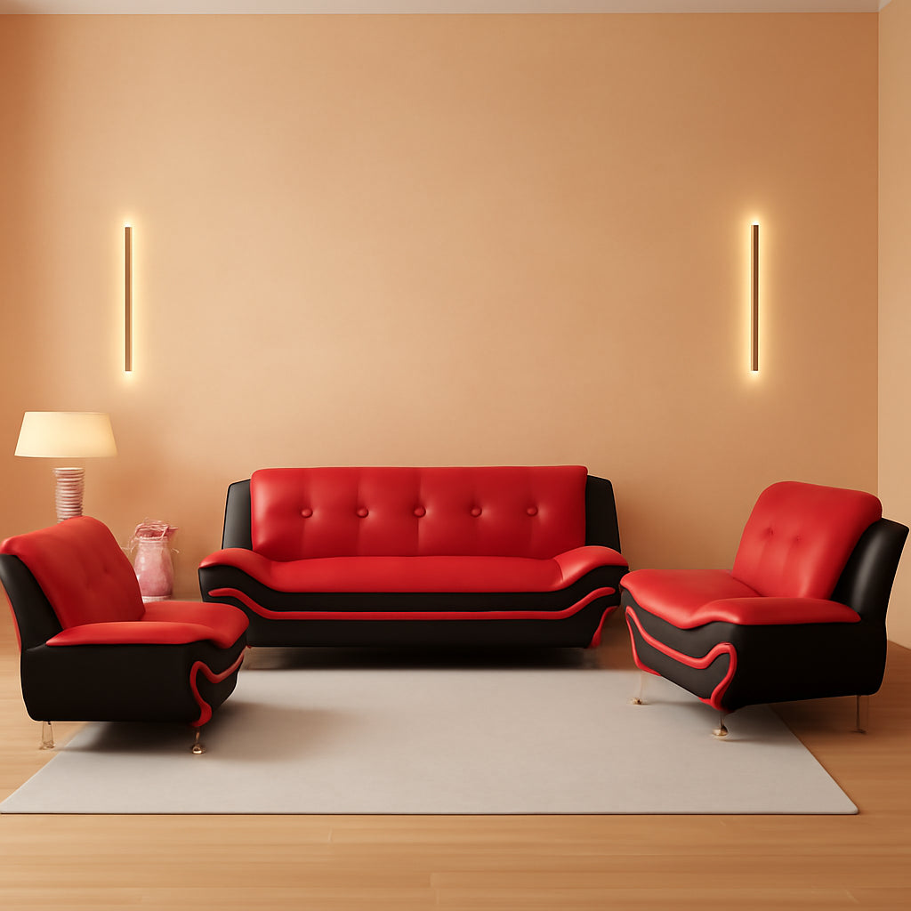 Leather Three Piece Living Room Sofa Set Black And Red-0