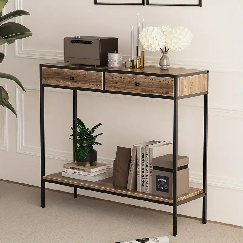 Brown Rectangular Living Room Entryway Table with Shelf and Two Drawers-1