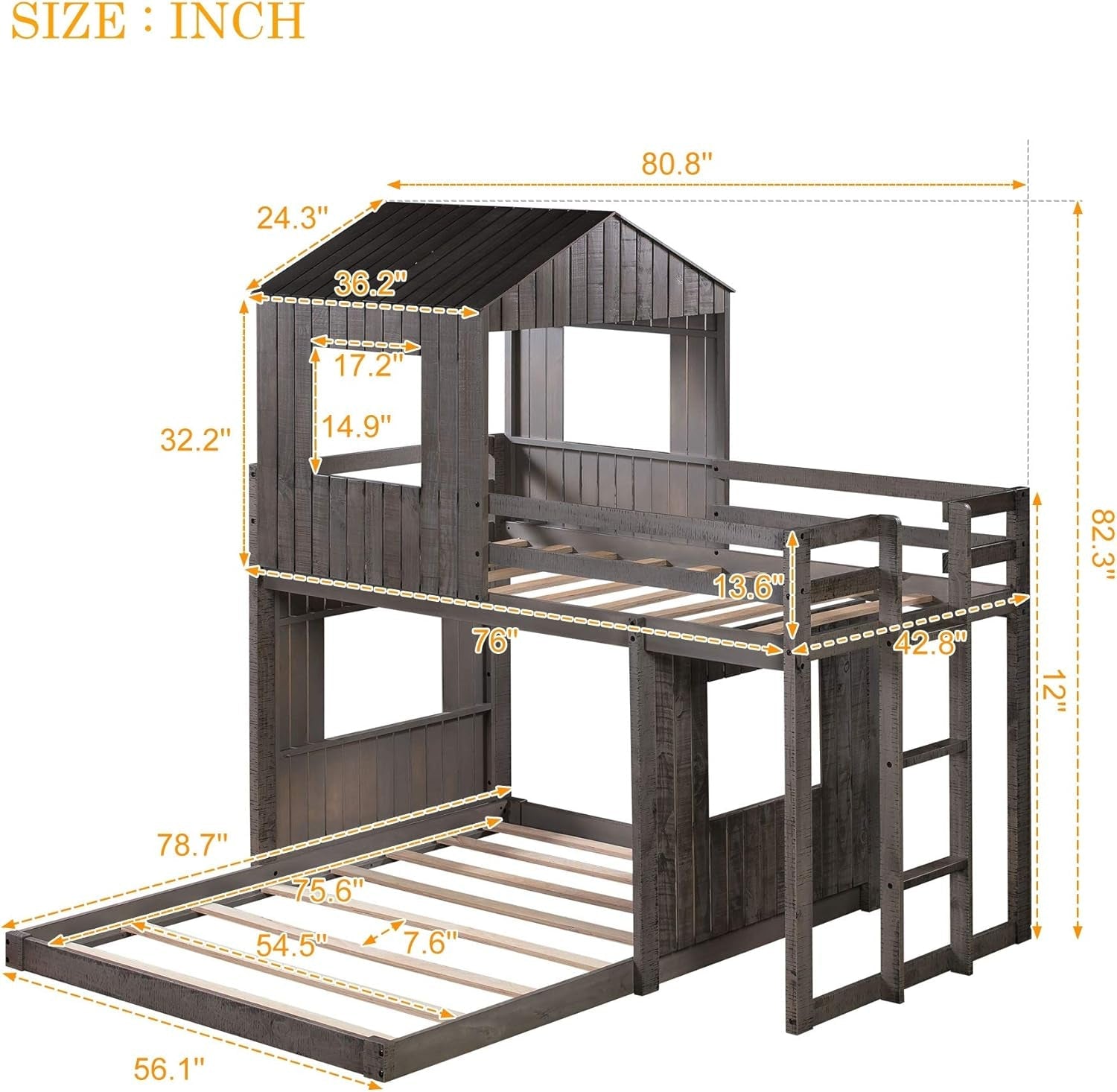 House Bunk Beds Twin Over Full Wood Distressed Grey-4