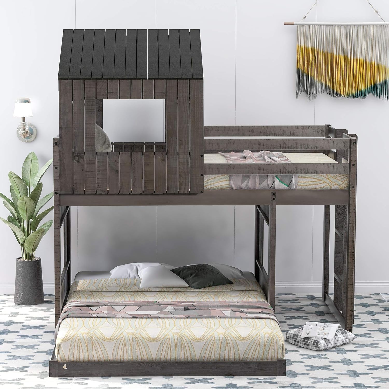 House Bunk Beds Twin Over Full Wood Distressed Grey-1