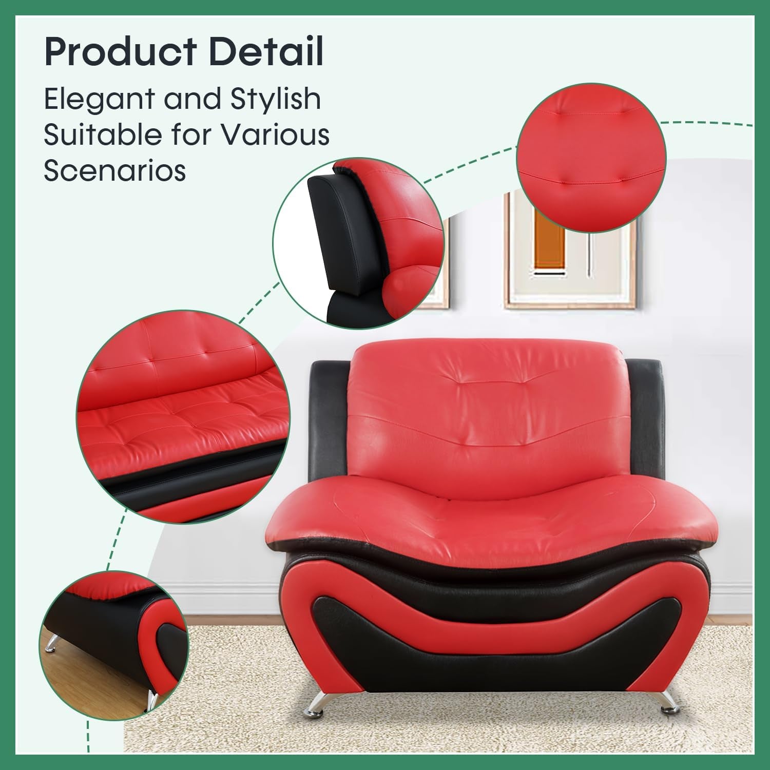 Leather Three Piece Living Room Sofa Set Black And Red-4