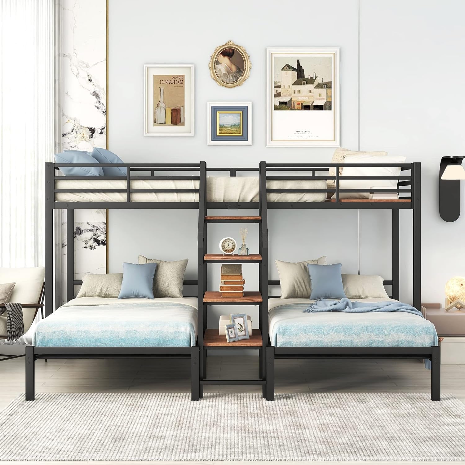 Metal Triple Bunk Bed With Stairs Black Three Beds-2
