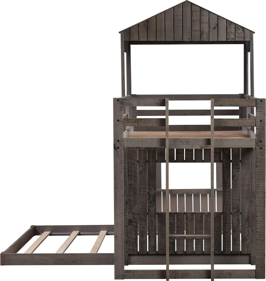 House Bunk Beds Twin Over Full Wood Distressed Grey-3