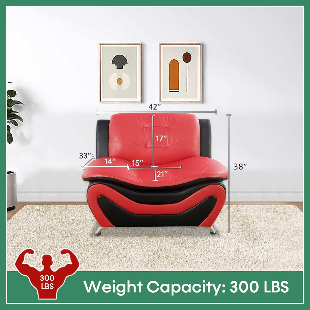 Leather Three Piece Living Room Sofa Set Black And Red-2
