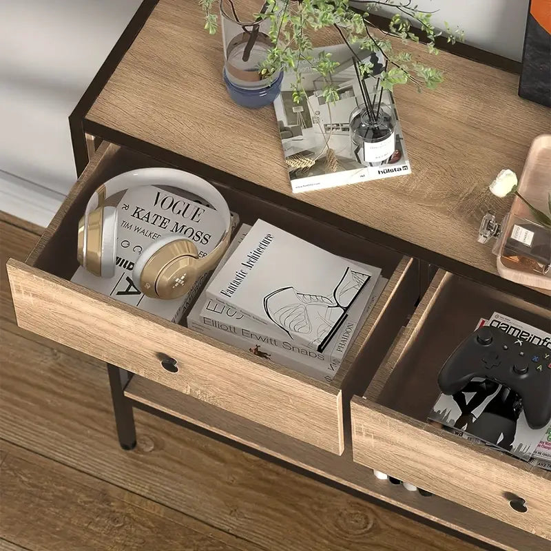 Brown Rectangular Living Room Entryway Table with Shelf and Two Drawers-4