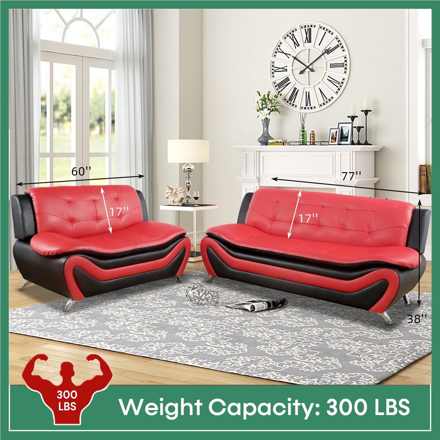 Leather Three Piece Living Room Sofa Set Black And Red-1